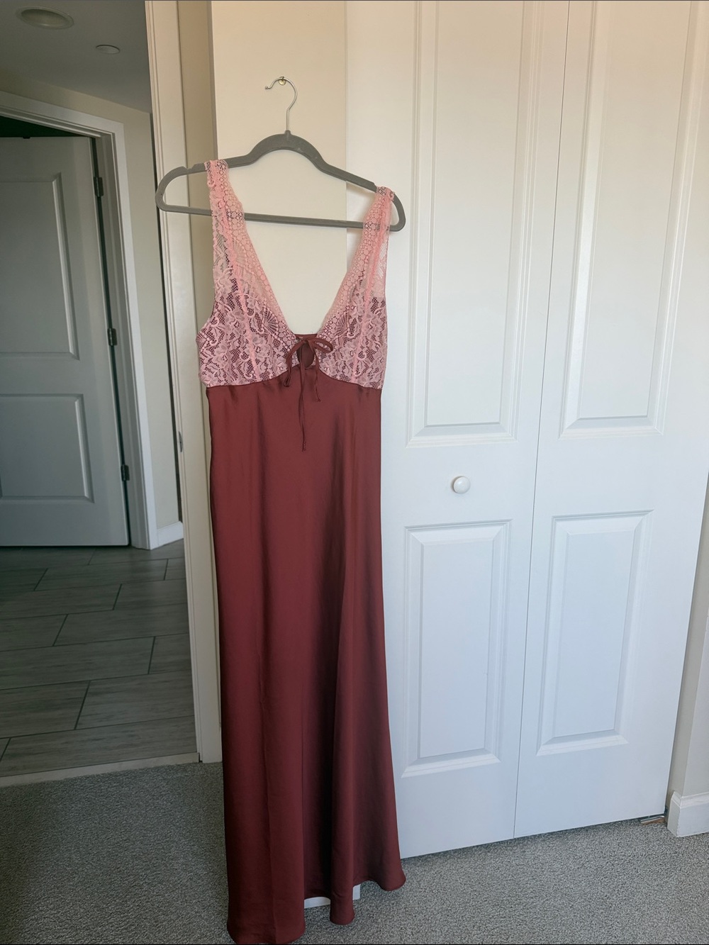 Lace-Trim Satin Chemise in Dusty Rose and Blush